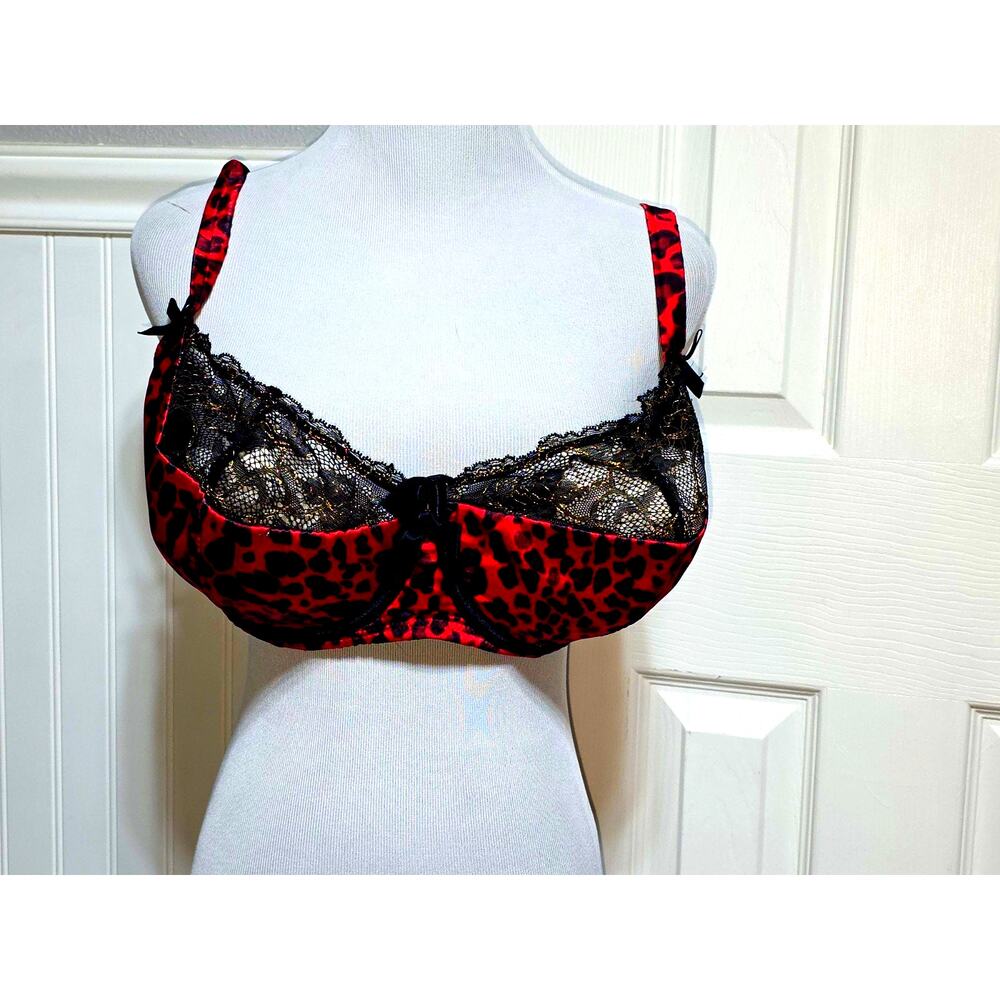 Cacique Bra Plus Size 40F Red Black Lace Satin Padded Full Coverage Chetah